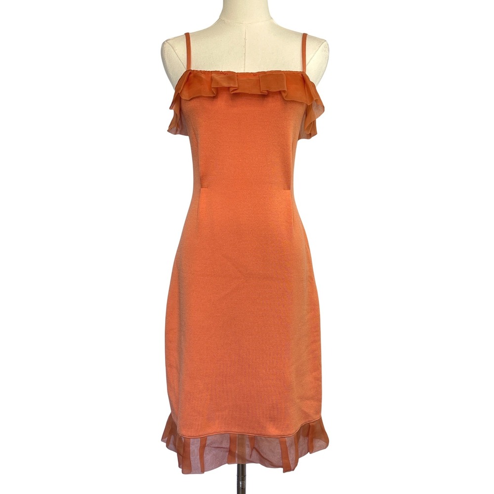 Christian Dior Vintage Silk Cotton Ruffle Knit Sheath Dress 4 Orange Y2K Luxury